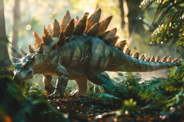A dinosaur with a long tail and a green body is walking through a forest