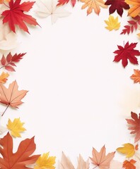 Colorful autumn leaves frame on white background, perfect for Thanksgiving, fall wedding invitations, and autumn-themed projects.
