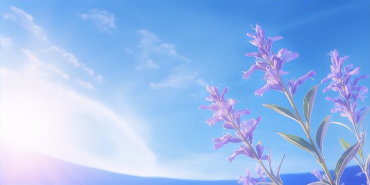 Delicate purple flowers reaching for the light against a backdrop of cerulean sky and wispy clouds in a painterly style reminiscent of the Impressionist movement.