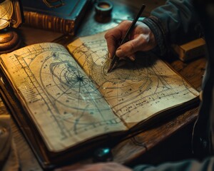 Capture a sailor sketching constellations in a logbook by lantern light, with a realistic drawing of an octopus constellation that sailors have used for ages to navigate the vast oceans