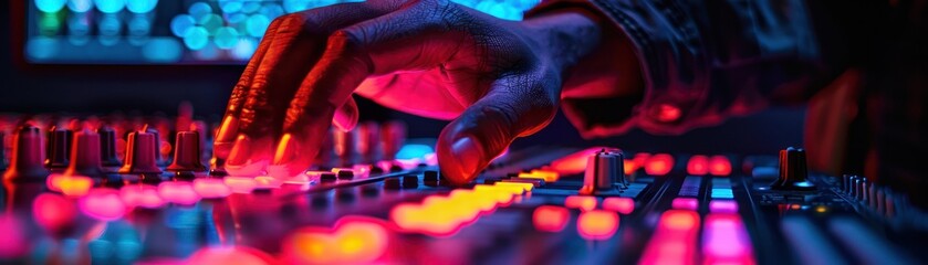 Capture a producer's hand pressing a neon-lit button on a sampler or synthesizer, emphasizing the tactile relationship between the artist and their instruments
