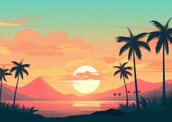 Obraz premium Tropical island sunset landscape with palm trees in pink, blue and orange colors, vector illustration, flat design, travel and tourism