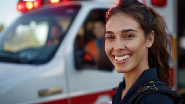 A female paramedic stands in front of an ambulance. She smiles with her hair braided in a ponytail.