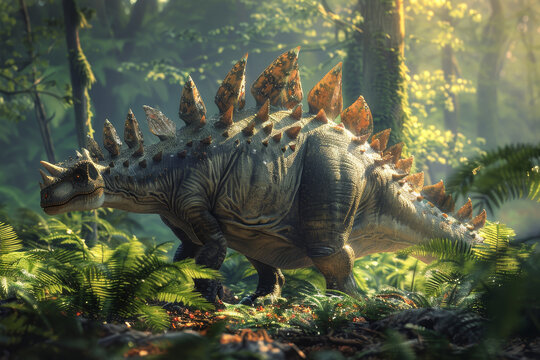 A dinosaur with a long neck and a long tail is walking through a forest - Powered by Adobe