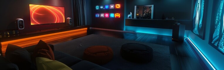 living room, dark, black walls with various colored LED 