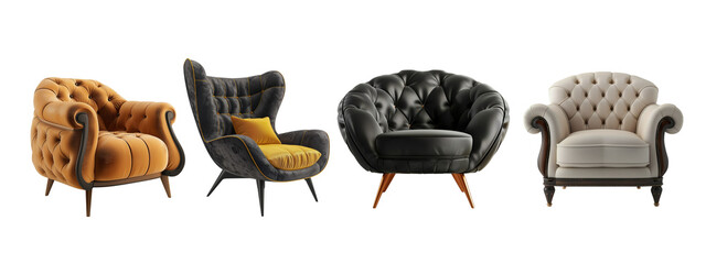 Collection of Elegant Armchairs Isolated on Transparent Background, cut out. PNG