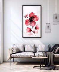 Red watercolor hibiscus flower painting in black frame on white wall above white sofa in modern living room interior with black coffee table and gray rug