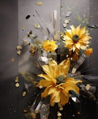 Shattered glass and gold flowers in 3D, with a dark background, in the style of still life photography.