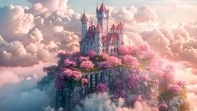 Fairy castle in cotton candy clouds. Pastel pink castle in pink clouds. Magic land, fairytale cloud and fabulous sky. Fairy castle for little princess. Fantastic tower, majestic kingdom building lands