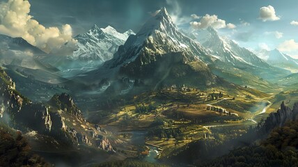 wonderful landscape of high mountains from a bird's eye view - obrazy, fototapety, plakaty
