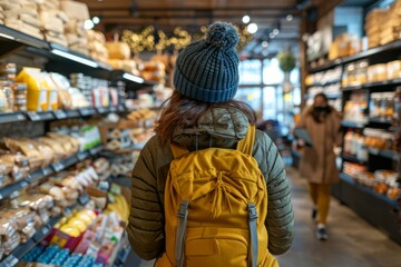 Fototapeta premium Young beautiful person deciding on groceries choosing food in convenience store organic meal healthy eating habits supermarket market customer looking for a lunch