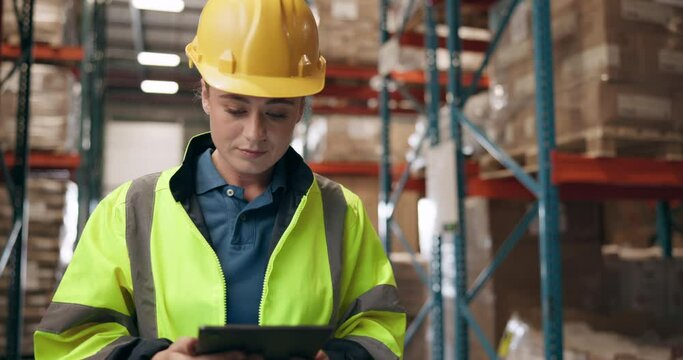 Stress, warehouse and woman with tablet for inventory, online planning or inspection for logistics. Digital app, anxiety and girl in factory for quality control, deadline checklist or problem solving