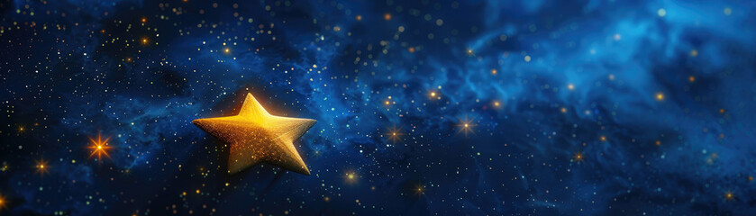 Single yellow star shining brightly in a sky of blue stars, leading with vision, 3D render, isolated
