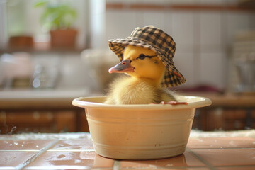 A sweet duckling in a plaid hat, paddling in a little tub on the kitchen floor - obrazy, fototapety, plakaty