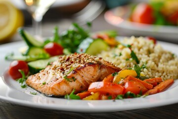 White Plate With Salmon, Rice, and Veggies