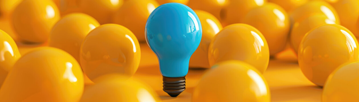 A single blue light bulb glowing among yellow ones, symbolizing unique leadership ideas, isolated