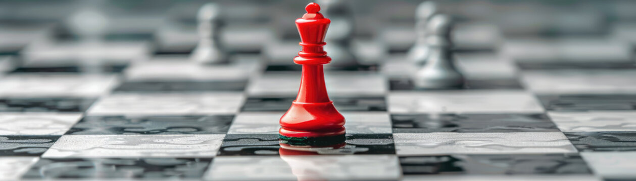A single red chess piece surrounded by gray pieces on a minimalistic chessboard, emphasizing challenging the status quo