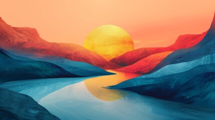 Abstract, sci-fi colored backdrop with a blend of life's journey elements like composite Fjords and sage figures. Emphasizes negative space for minimalistic appeal. - obrazy, fototapety, plakaty