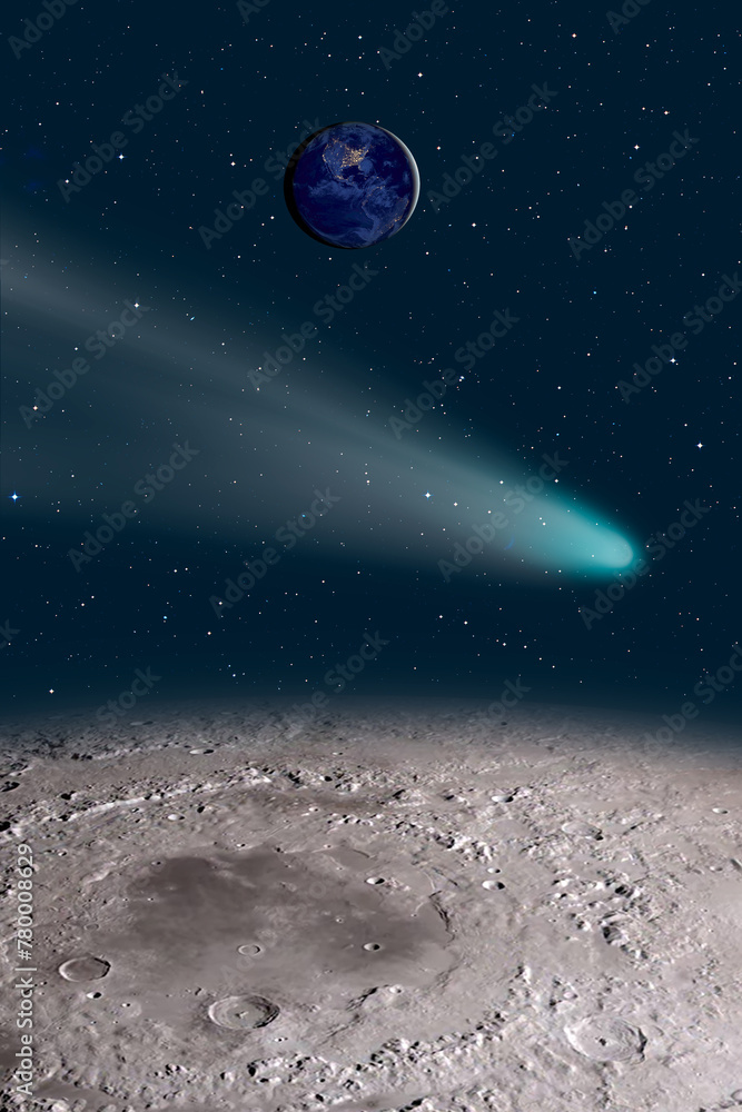 Fototapete Comet on the space view from moon planet earth in the background 