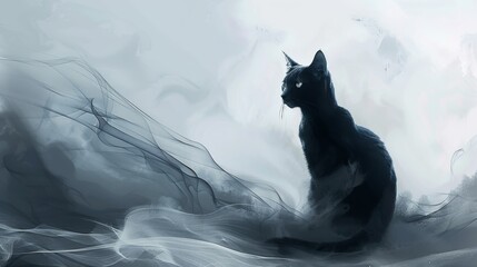 A mysterious cat-like creature, intertwined with alien beings, stands still in a surreal minimalistic landscape of grey tones, contemplating its next move.