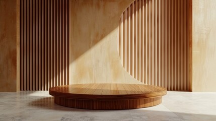 Animator morphs into sleek wood furniture against a backdrop of moody dark chestnut, burnt sienna, and soft cream. Minimalist design with emphasis on negative space.