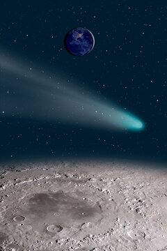 Comet on the space view from moon planet earth in the background "Elements of this image furnished by NASA "