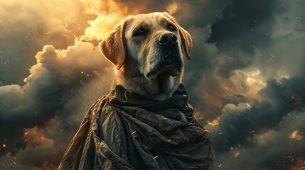 A Labrador Retriever in a barbarian dress stands boldly amidst swirling abstract patterns in a world of ruins, radiating a hypnotic presence. - obrazy, fototapety, plakaty