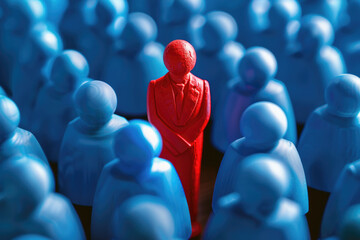 Bright red figure in a thinker pose among passive blue figures, strategic leadership, isolated - obrazy, fototapety, plakaty