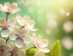 Gentle cherry blossoms illuminated by soft sunlight against a backdrop of vibrant greenery
