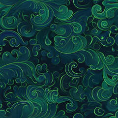 wavy swirl,green swirl,dark blue background,vector graphic, seamless pattern, japonisme, harajuku outfit, khokhloma