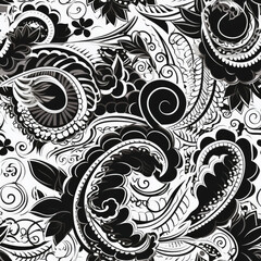 black paisley,white background,vector graphic, seamless pattern, japonisme, harajuku outfit, khokhloma - obrazy, fototapety, plakaty