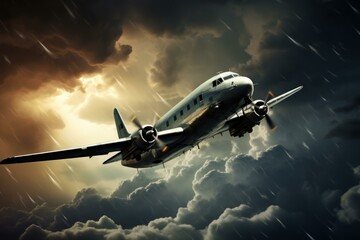 Turbulent Stormy airplane fly. Rain travel air. Generate Ai