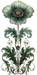 Decorative poppy flowers, stems and leaves on white background