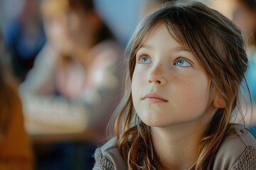 A girl with blue eyes is sitting in a classroom at school. She has freckles and long hair.