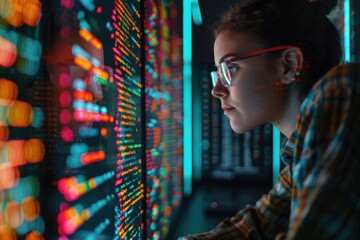 Engineer in data center monitors screens, safeguarding against potential threats.