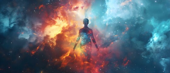 Cosmic Serenity: Human Amidst Stardust and Spirit. Concept Spirituality, Cosmic Connection, Stardust, Inner Peace, Human Existence - obrazy, fototapety, plakaty