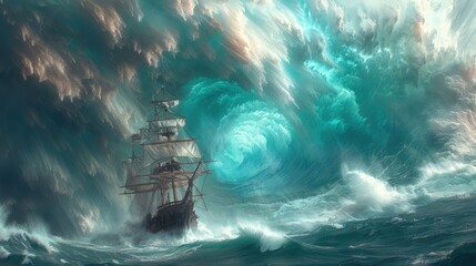 A ship facing a colossal wave in a dramatic fantasy storm, soft tones, fine details, high resolution, high detail, 32K Ultra HD, copyspace - obrazy, fototapety, plakaty