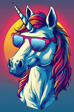 The cartoon horse has colorful hair and wears sunglasses