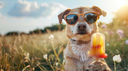 Dog in sunglasses holding an ice pop on a summer day, soft tones, fine details, high resolution, high detail, 32K Ultra HD, copyspace
