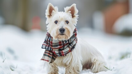 White West Highland Terrier with a plaid scarf sitting in snow, soft tones, fine details, high resolution, high detail, 32K Ultra HD, copyspace