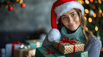Fototapeta na wymiar Young woman in a Santa hat holding Christmas gifts, exuding holiday cheer, soft tones, fine details, high resolution, high detail, 32K Ultra HD, copyspace