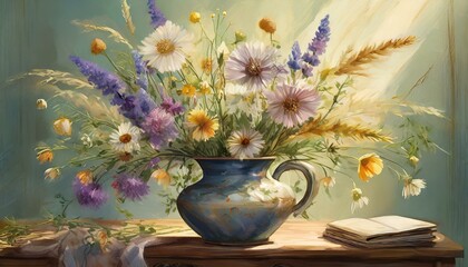 still life with flowers in a vase and book