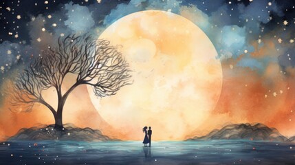 A watercolor couple stands under a bare tree in front of a large moon. Valentine's Day. - obrazy, fototapety, plakaty