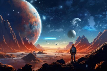 An astronaut stands on a rocky outcrop and looks out over a vast, beautiful alien landscape. The sky is strewn with stars, and in the background are three planets. - obrazy, fototapety, plakaty