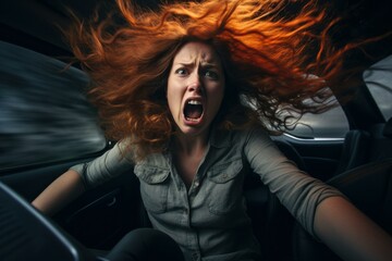 Anxious Stressed woman driver car. Summer driving with face pain looking. Generate Ai