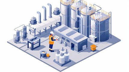 Isometric illustration of an industrial water treatment plant with a worker inspecting equipment.