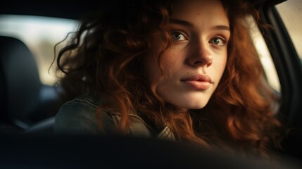 A woman with curly red hair sits in the driver's seat of a car. - Powered by Adobe
