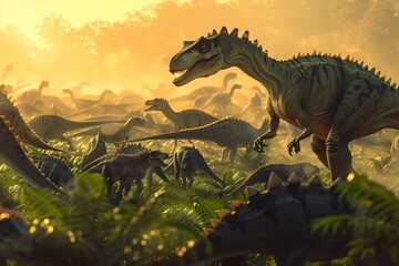 A prehistoric dinosaur roams through a lush jungle setting in a detailed painting