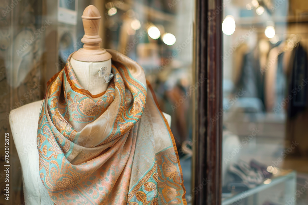 Poster a scarf is displayed on a mannequin in a store window