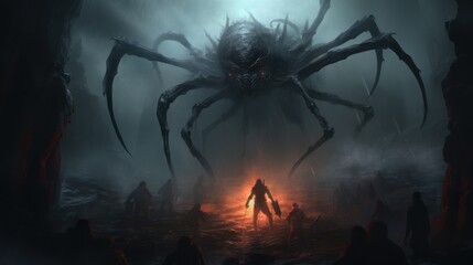 A man stands in front of a giant spider. The spider has red eyes and its legs are extended to the sides. The man is holding a sword. - obrazy, fototapety, plakaty